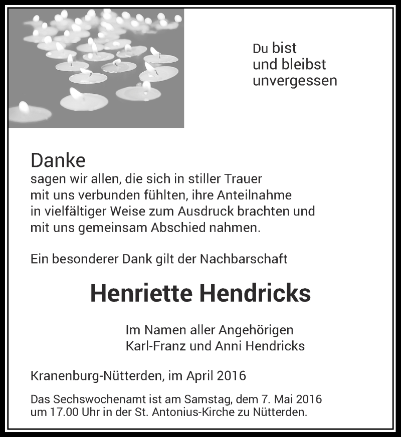  Traueranzeige für Henriette Hendricks vom 02.05.2016 aus Rheinische Post