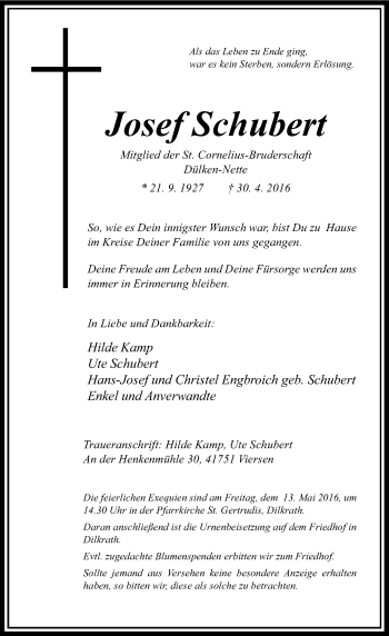 Traueranzeige von Josef Schubert von Rheinische Post