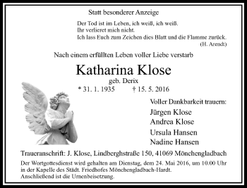 Traueranzeige von Katharina Klose von Rheinische Post