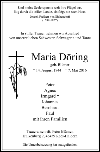 Traueranzeige von Maria Döring von Rheinische Post