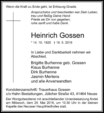 Traueranzeige von Heinrich Gossen von Rheinische Post