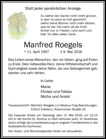 Traueranzeige von Manfred Roegels von Rheinische Post