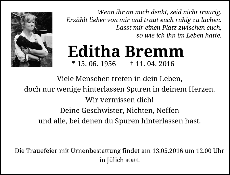  Traueranzeige für Editha Bremm vom 03.05.2016 aus Rheinische Post