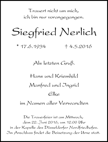 Traueranzeige von Siegfried Nerlich von Rheinische Post