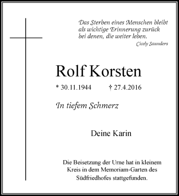 Traueranzeige von Rolf Korsten von Rheinische Post