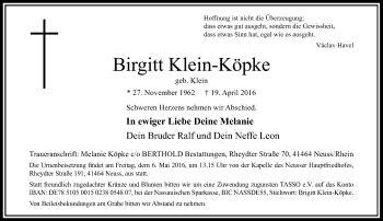 Traueranzeige von Birgitt Klein-Köpke von Rheinische Post