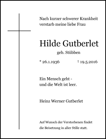 Traueranzeige von Hilde Gutberlet von Rheinische Post