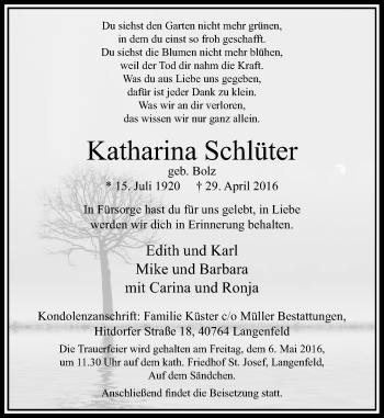 Traueranzeige von Katharina Schlüter von Rheinische Post