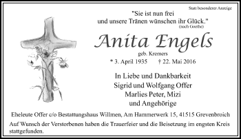 Traueranzeige von Anita Engels von Rheinische Post