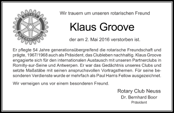 Traueranzeige von Klaus Groove von Rheinische Post