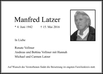 Traueranzeige von Manfred Latzer von Rheinische Post