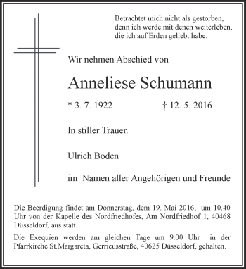 Traueranzeige von Anneliese Schumann von Rheinische Post