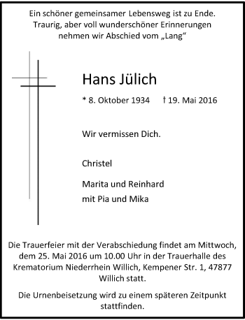 Traueranzeige von Hans Jülich von Rheinische Post