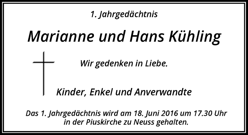 Traueranzeige für Marianne und Hans Kühling vom 11.06.2016 aus Rheinische Post
