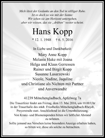 Traueranzeige von Hans Kopp von Rheinische Post