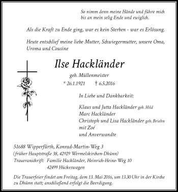 Traueranzeige von Ilse Hackländer von Rheinische Post