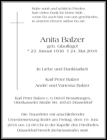 Traueranzeige von Anita Balzer von Rheinische Post
