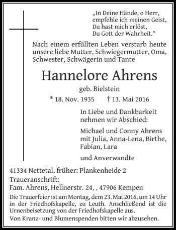 Traueranzeige von Hannelore Ahrens von Rheinische Post