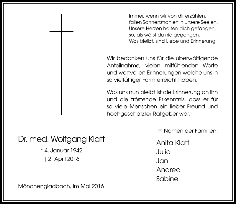  Traueranzeige für Wolfgang Klatt vom 14.05.2016 aus Rheinische Post