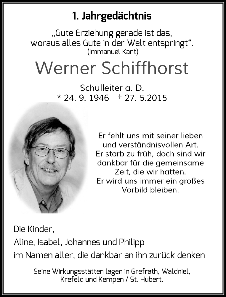  Traueranzeige für Werner Schiffhorst vom 28.05.2016 aus Rheinische Post