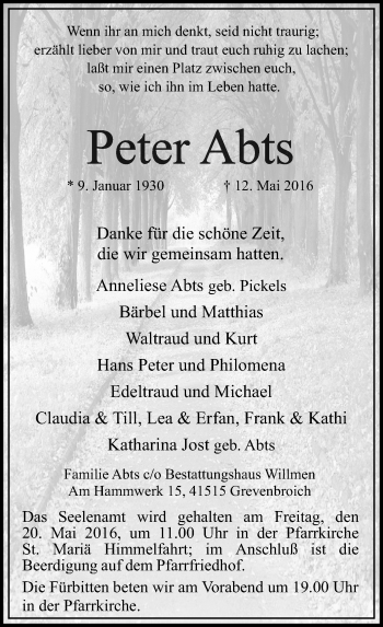 Traueranzeige von Peter Abts von Rheinische Post
