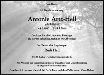 Traueranzeige von Antonie Artz-Hell von Rheinische Post