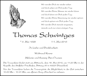 Traueranzeige von Thomas Schwintges von Rheinische Post