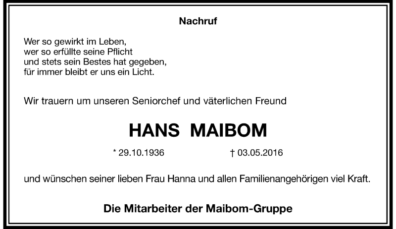 dråbe dart Stifte bekendtskab Alle Traueranzeigen für Hans Maibom | trauer.rp-online.de