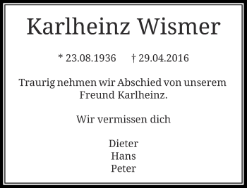 Traueranzeige von Karlheinz Wismer von Rheinische Post