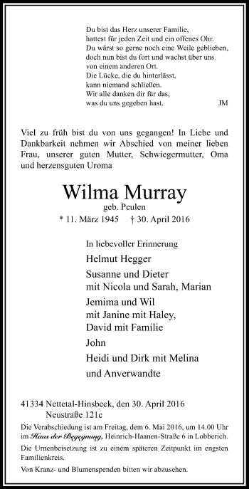 Traueranzeige von Wilma Murray von Rheinische Post