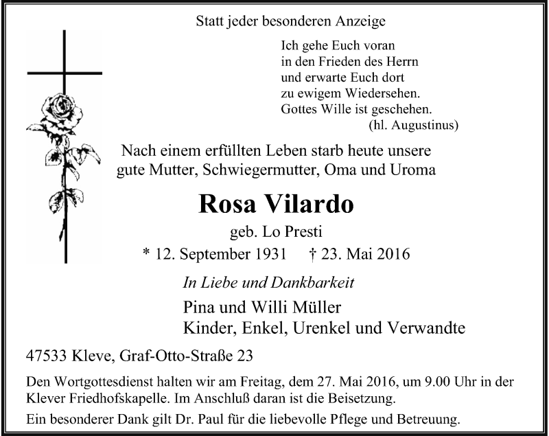  Traueranzeige für Rosa Vilardo vom 25.05.2016 aus Rheinische Post