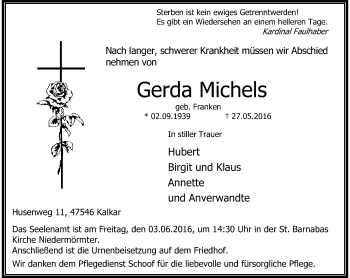 Traueranzeige von Gerda Michels von Rheinische Post