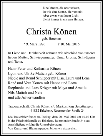 Traueranzeige von Christa Könen von Rheinische Post