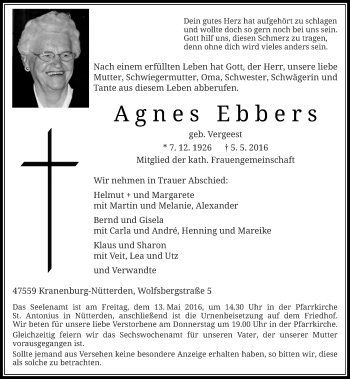Traueranzeige von Agnes Ebbers von Rheinische Post