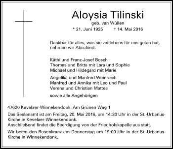 Traueranzeige von Aloysia Tilinski von Rheinische Post