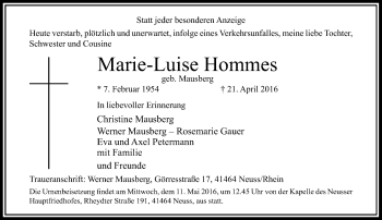 Traueranzeige von Marie-Luise Hommes von Rheinische Post