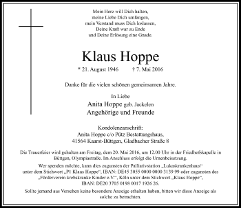 Traueranzeige von Klaus Hoppe von Rheinische Post