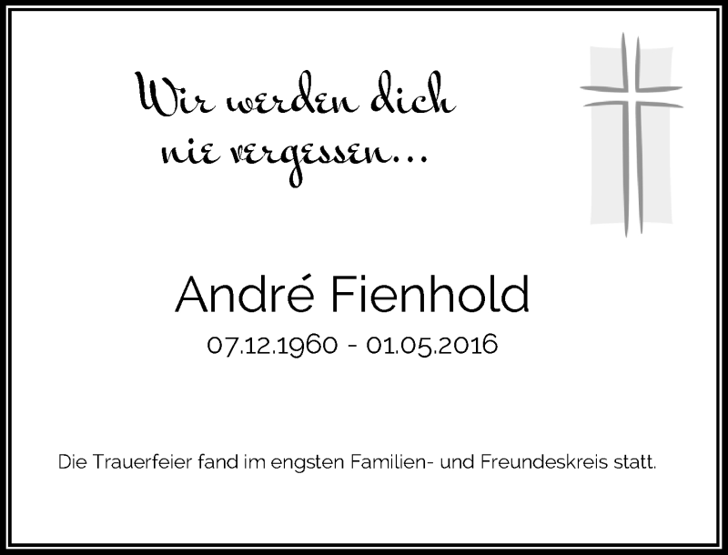  Traueranzeige für Andre Fienhold vom 28.05.2016 aus Rheinische Post