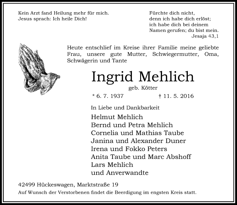  Traueranzeige für Ingrid Mehlich vom 14.05.2016 aus Rheinische Post
