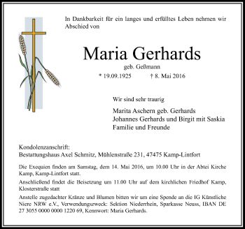 Traueranzeige von Maria Gerhards von Rheinische Post