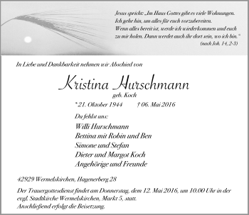 Traueranzeige von Kristina Hurschmann von Rheinische Post