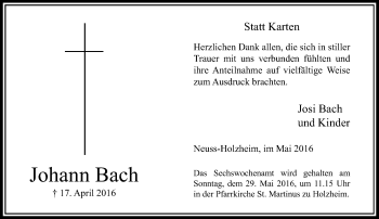 Traueranzeige von Johann Bach von Rheinische Post