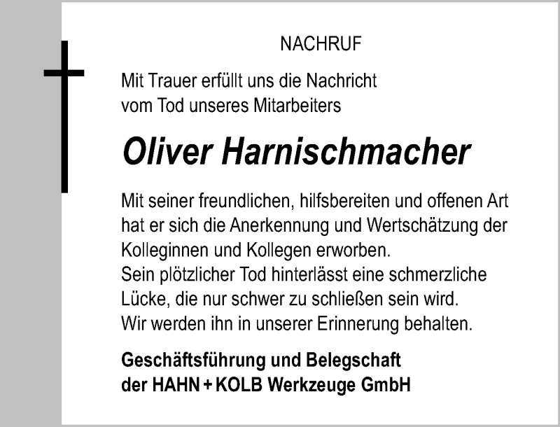  Traueranzeige für Oliver Harnischmacher vom 20.05.2016 aus Rheinische Post