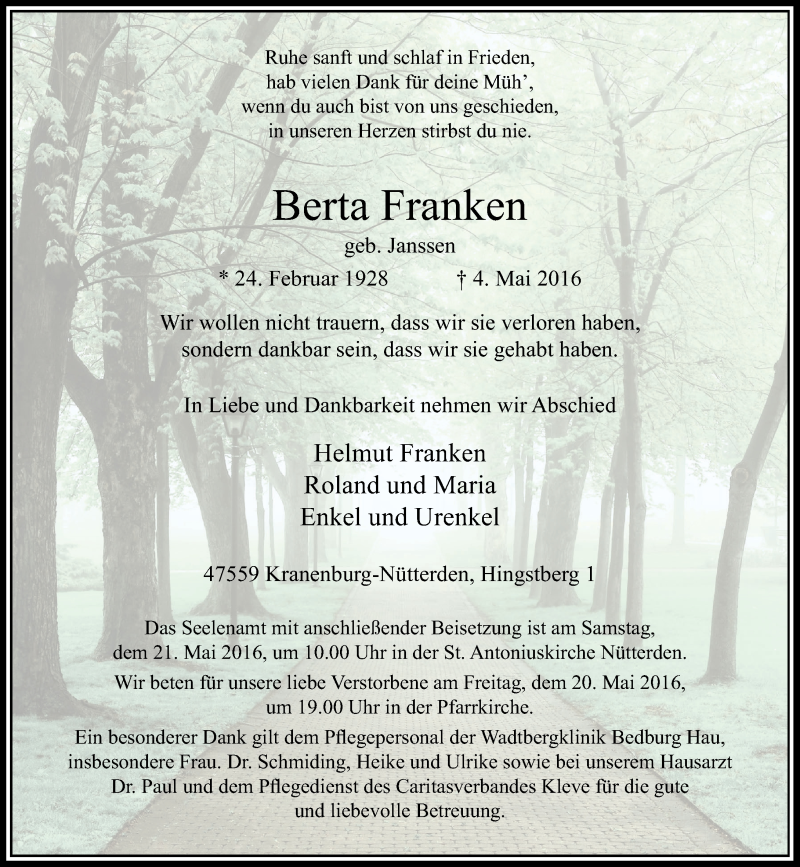  Traueranzeige für Berta Franken vom 11.05.2016 aus Rheinische Post