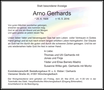 Traueranzeige von Arno Gerhards von Rheinische Post