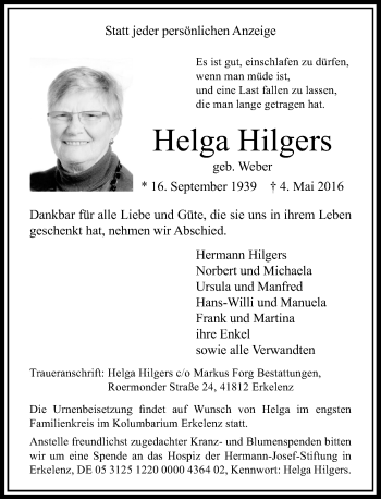 Traueranzeige von Helga Hilgers von Rheinische Post