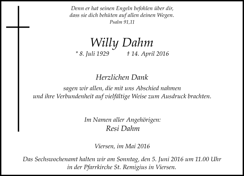  Traueranzeige für Willy Dahm vom 28.05.2016 aus Rheinische Post