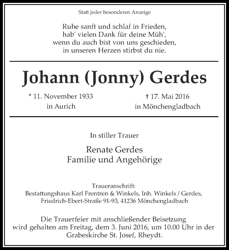  Traueranzeige für Johann Gerdes vom 28.05.2016 aus Rheinische Post