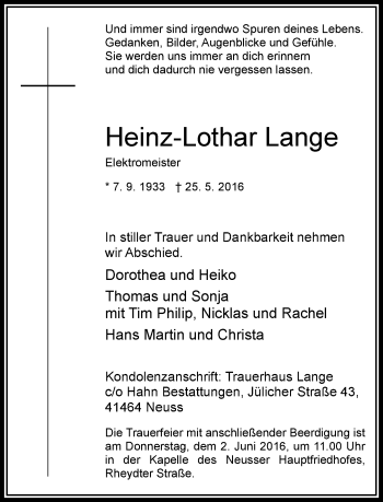 Traueranzeige von Heinz-Lothar Lange von Rheinische Post