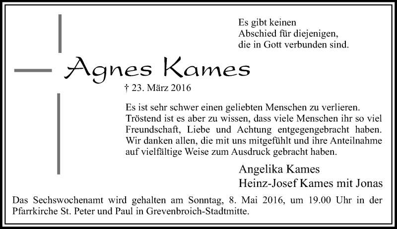 Traueranzeige für Agnes Kames vom 04.05.2016 aus Rheinische Post
